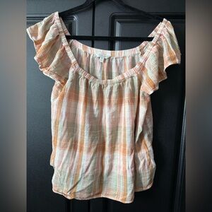 Lucky Brand Ruffled Plaid Blouse - Orange and Cream